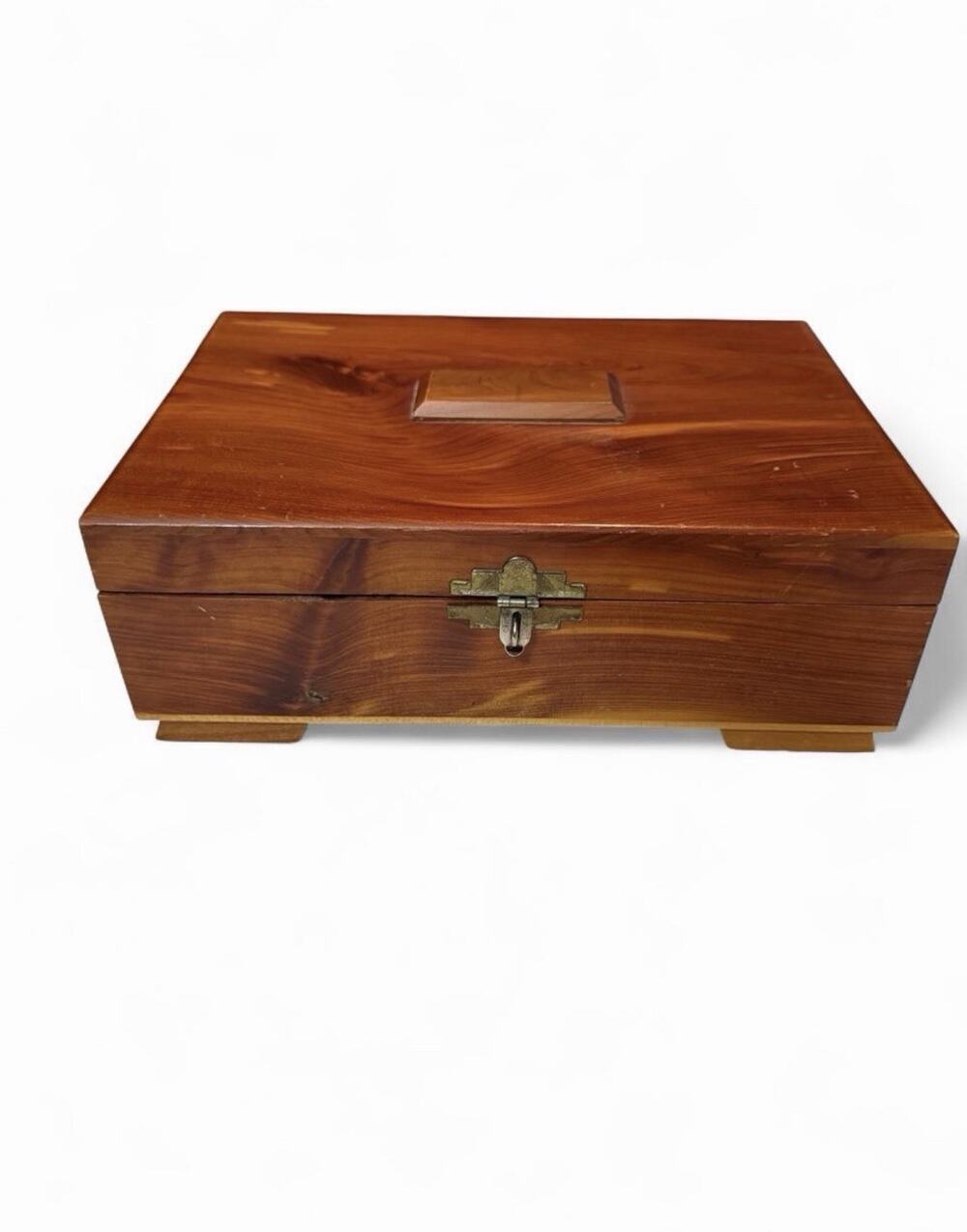 Cedar Jewelry Trinket Box Midcentury Vintage Two Tone Vanity Mirrored Gold Trim